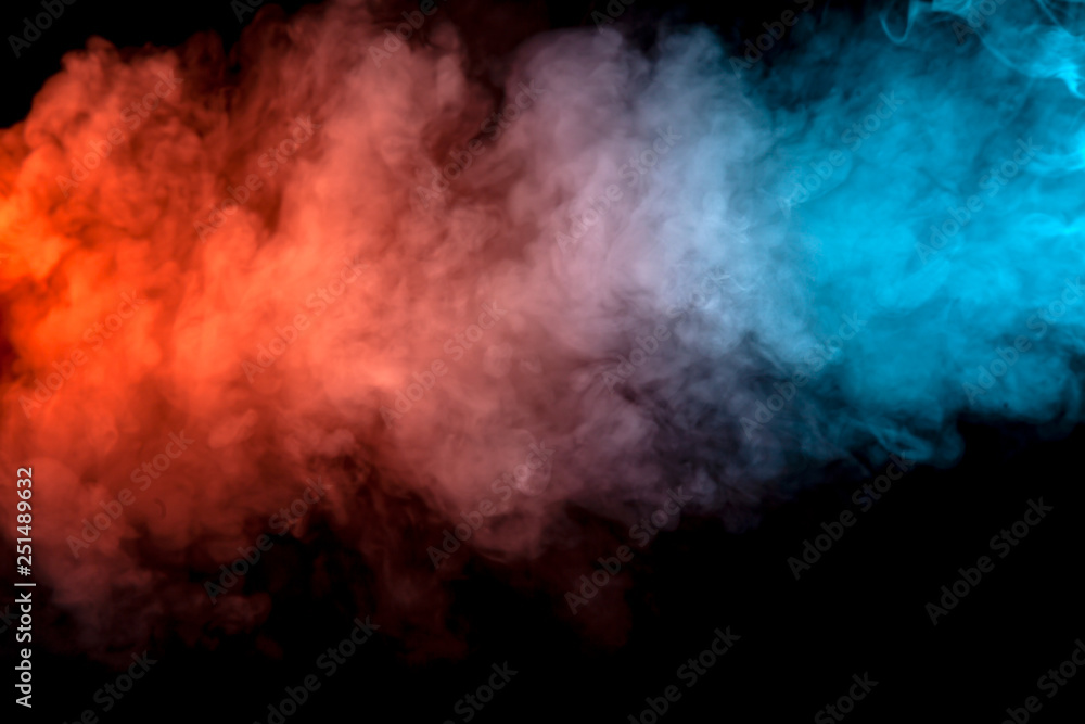 Background of orange, purple, red and blue wavy smoke on a black isolated ground. Abstract pattern of steam from vape of smoothly rising clubs. Mocap and print for t-shirt. Background of orange, purple, red and blue wavy smoke on a black isolated ground. Abstract pattern of steam from vape of smoothly rising clubs. Mocap and print for t-shirt.