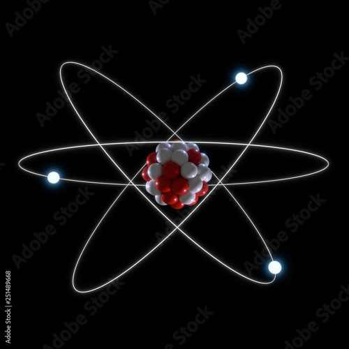 Atom model with three electrons around a nucleus 3D illustration