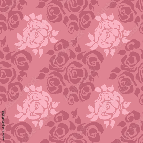 Abstract grunge ink seamless flower background. Roses pink brush pattern. Vector illustration.