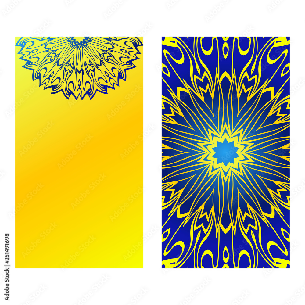 Set Of Template Greeting Card, Invitation With Space For Text. Mandala Design. Vector Illustration. Yellow blue color Set Of Template Greeting Card, Invitation With Space For Text. Mandala Design. Vector Illustration. Yellow blue color