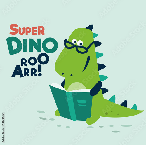 Cute dinosaur reads a book. Funny tyrannosaur 