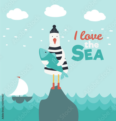 Funny sea gull with fish 