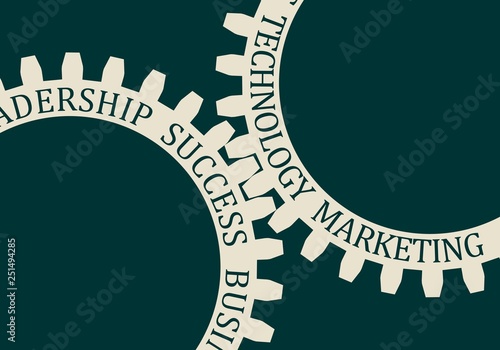 Business relative words on the mechanism of gears. Communication concept in industrial design.