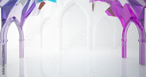 Abstract white and colored gradient glasses gothic interior. 3D illustration and rendering.