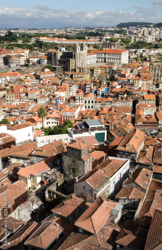 Aerial view of the city of Porto, Portugal, showing reed rooftops