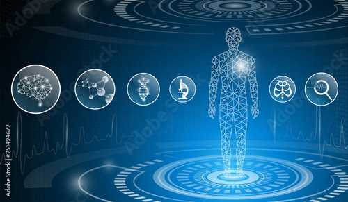 abstract background technology concept in blue light,brain and human body heal ,technology modern medical science in future and global international medical with tests analysis clone DNA human