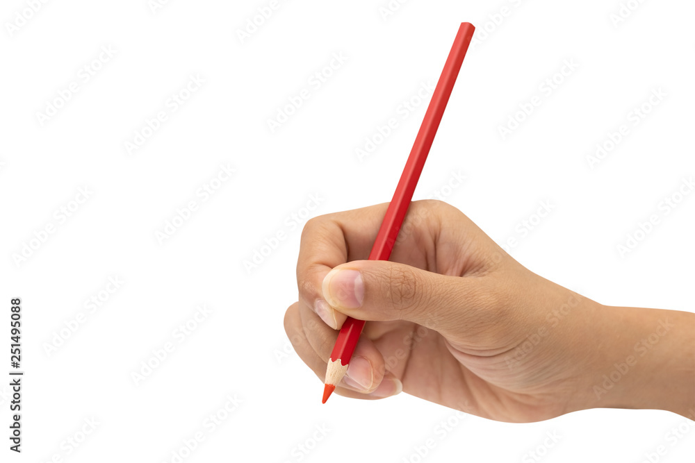Female hand with red color pencil isolated on white Female hand with red color pencil isolated on white