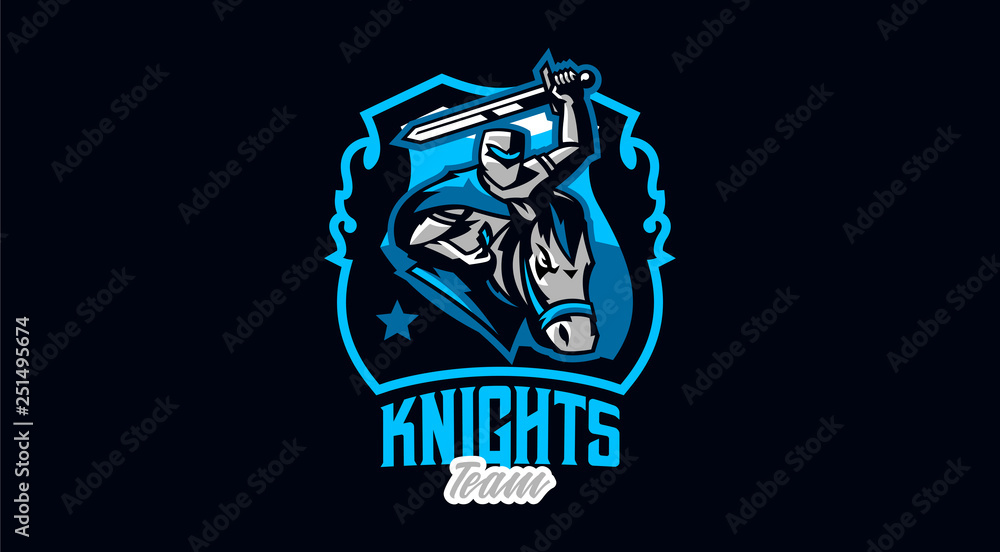Knight emblem on horse. A warrior galloping on a horse, a knight in armor. Horseman, sword, shield, armor, stallion, hero, warrior. Vector illustration
