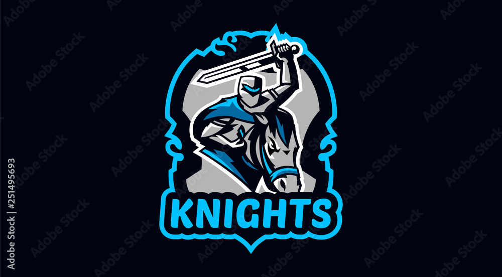 Knight emblem on horse. A warrior galloping on a horse, a knight in armor. Horseman, sword, shield, armor, stallion, hero, warrior. Vector illustration