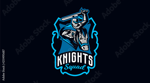 Knight emblem on horse. A warrior galloping on a horse, a knight in armor. Horseman, sword, shield, armor, stallion, hero, warrior. Vector illustration