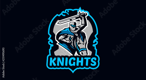 Knight emblem on horse. A warrior galloping on a horse, a knight in armor. Horseman, sword, shield, armor, stallion, hero, warrior. Vector illustration