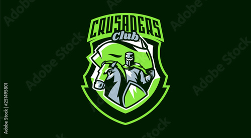 Knight emblem with a flag, horse rider. Knight prancing a horse holding a flag. Armor, sword, stallion, swordsman, paladin, warrior. Vector illustration