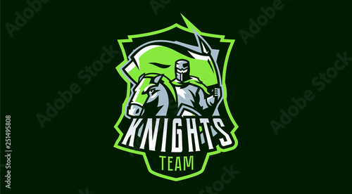 Knight emblem with a flag, horse rider. Knight prancing a horse holding a flag. Armor, sword, stallion, swordsman, paladin, warrior. Vector illustration