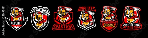 A collection of emblems, logos, badges, a Spartan with a sword. Ancient Greek warrior, gold armor, hoplite, Corinthian helmet, soldier, shield. Vector illustration