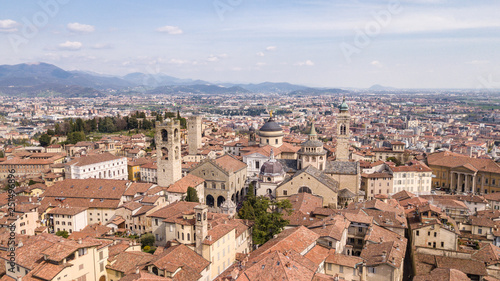 Bergamo, Italy. Drone aerial view of the old town. Landscape at the city center, its historical buildings, churches and towers © Matteo Ceruti
