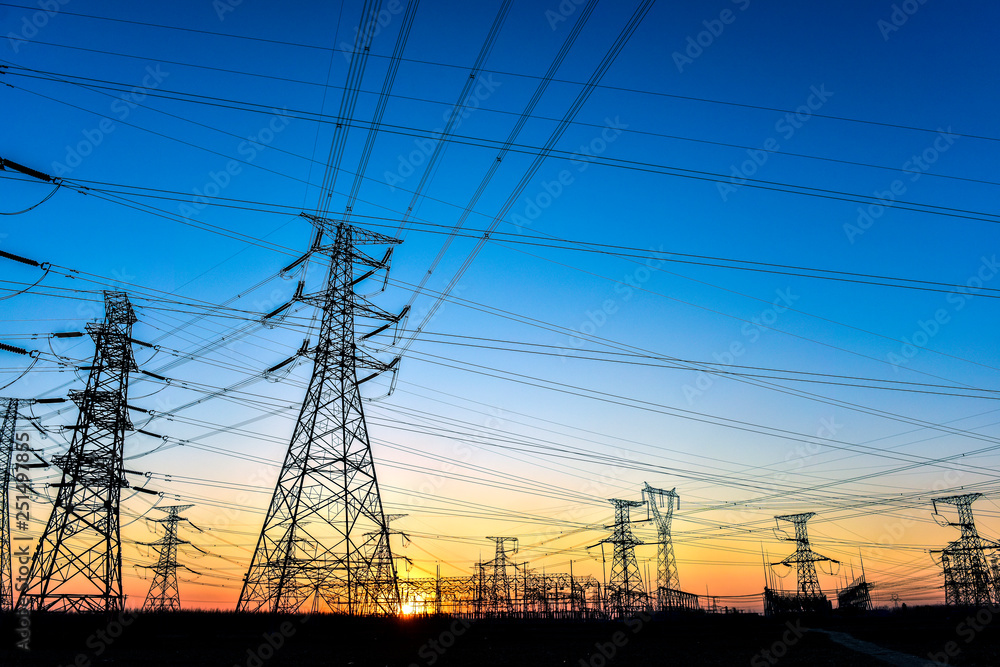 In the evening, the outline of the transmission tower