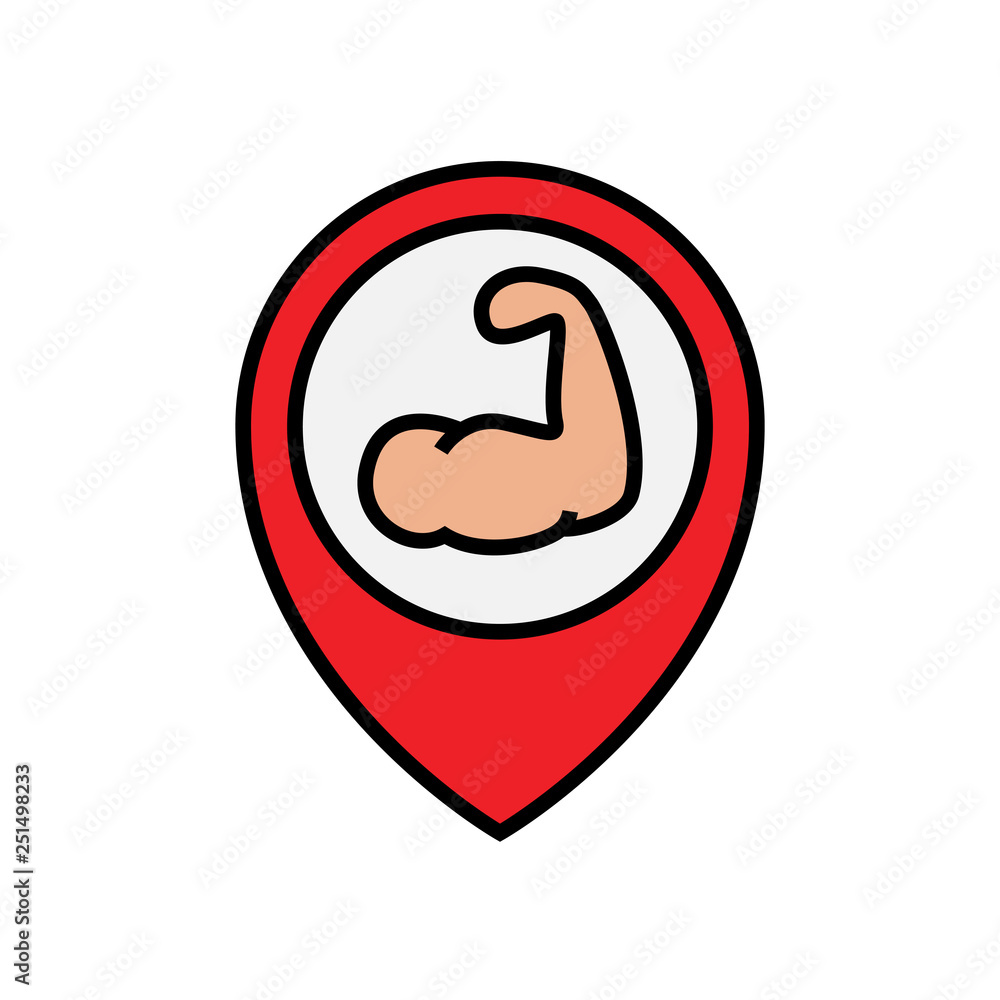 gym fitness center location icon. hand muscle inside map pin symbol for bodybuilder place illustration. simple vector graphic. gym fitness center location icon. hand muscle inside map pin symbol for bodybuilder place illustration. simple vector graphic.