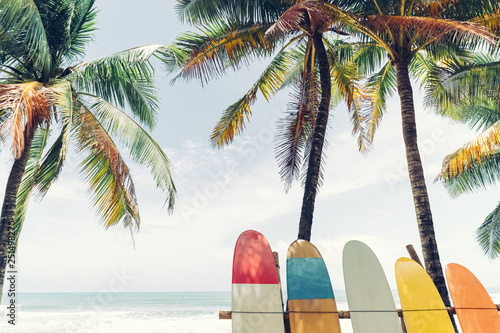 Surfboard and palm tree on beach background.