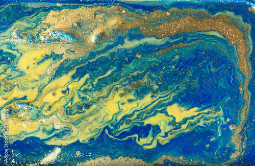 Blue gold marbling pattern. Golden marble liquid texture.