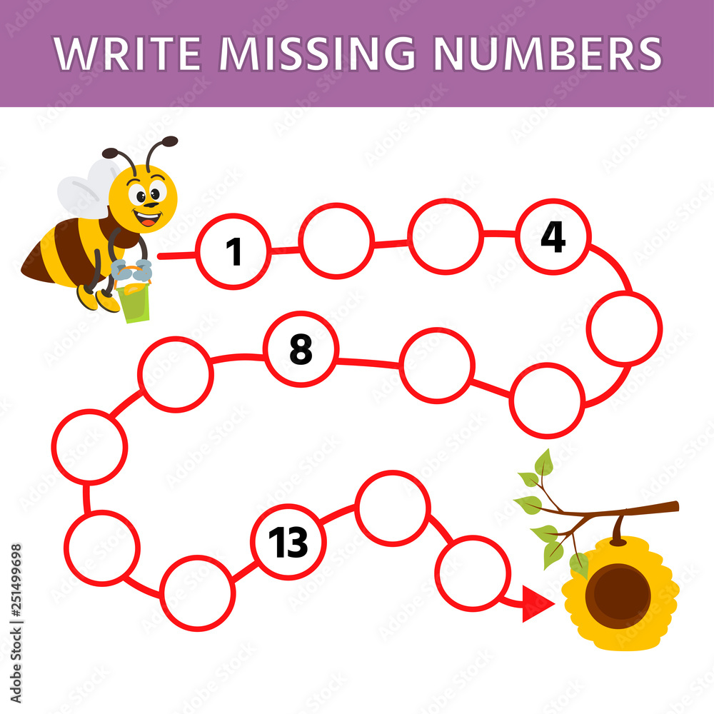 Mathematics education logic game for preschool kids. Complete the row, write missing numbers. A bee flies to the hive. Vector illustration Mathematics education logic game for preschool kids. Complete the row, write missing numbers. A bee flies to the hive. Vector illustration