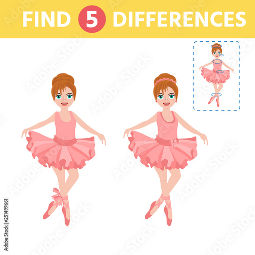 Education logic game for preschool kids. Find the difference the two ballerina. Children funny riddle entertainment.  Vector illustration