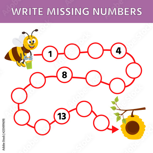 Mathematics  education logic game for preschool kids. Complete the row, write missing numbers. A bee flies to the hive. Vector illustration