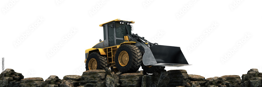 Yellow excavator at sunset. 3d rendering