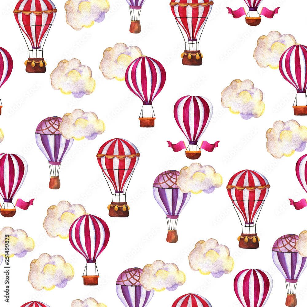 Fototapeta Wzór z jasnych różowych i fioletowych balonów na ogrzane powietrze, flagi i chmury na białym tle. Ręcznie rysowane akwarela ilustracja.