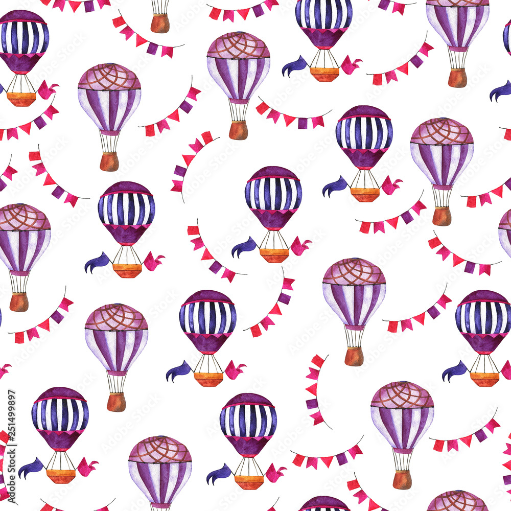 Fototapeta Wzór z fioletowymi balonami gorącego powietrza i kolorowe flagi na białym tle. Ręcznie rysowane akwarela ilustracja.