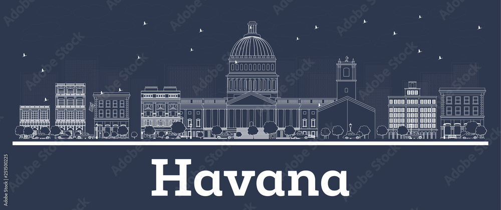 Outline Havana Cuba City Skyline with White Buildings.