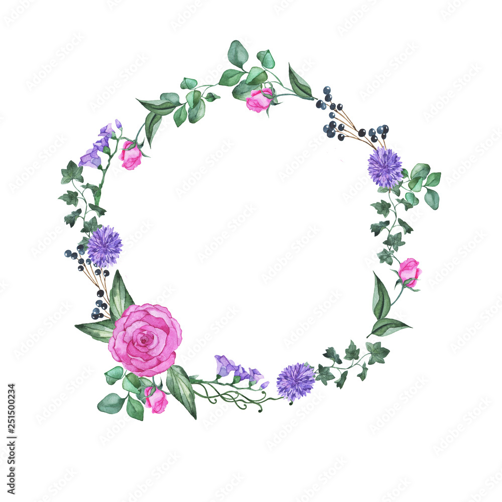 Pink rose and lilac flowers and green leaves frame isolated on white background. Design for wedding invitation or greeting card. Hand drawn watercolor illustration. 