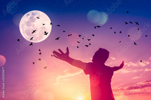 Copy space man raise hand up on sunset sky and birds fly with full moon abstract background.
