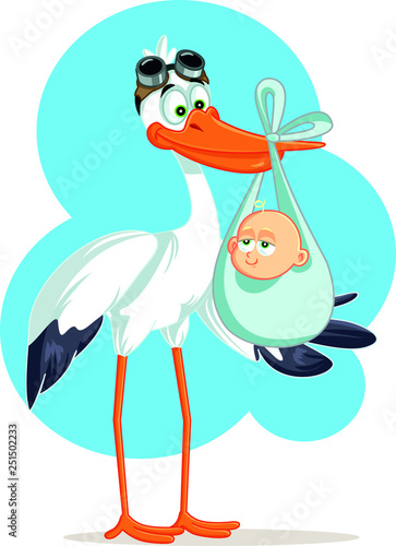Stork Carrying a Cute Baby  Boy in a Bag