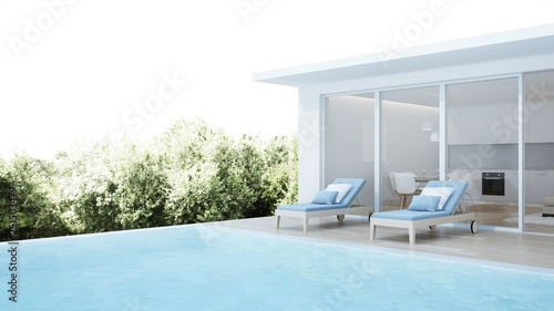 Modern house interior. Interior of a villa with a swimming pool. 3D rendering. © artemp1