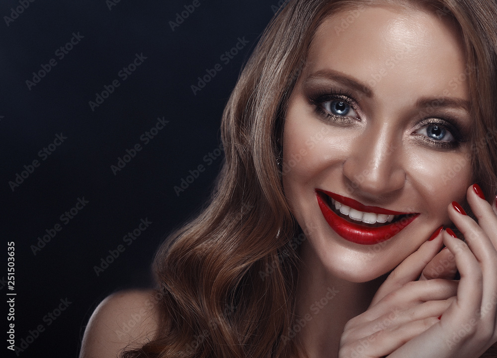 closeup portrait of sexy smiling caucasian young woman model with glamour red lips, bright makeup.