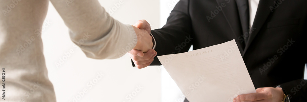 Horizontal closeup view businesspeople shaking hand starting job interview - obrazy, fototapety, plakaty 