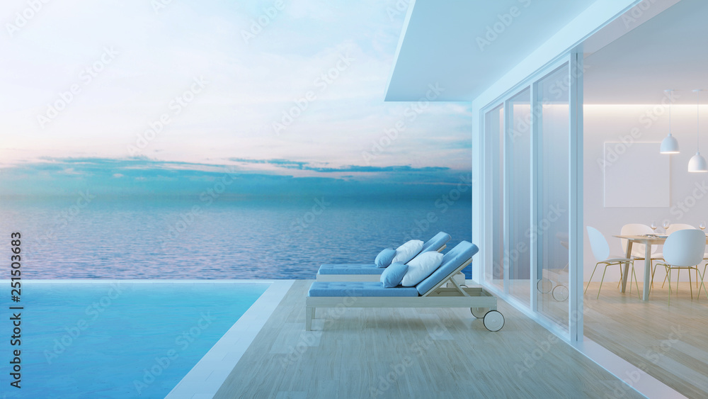 Interior of a villa with a swimming pool. House overlooking the sea. Night. Evening lighting. 3D rendering. Interior of a villa with a swimming pool. House overlooking the sea. Night. Evening lighting. 3D rendering.
