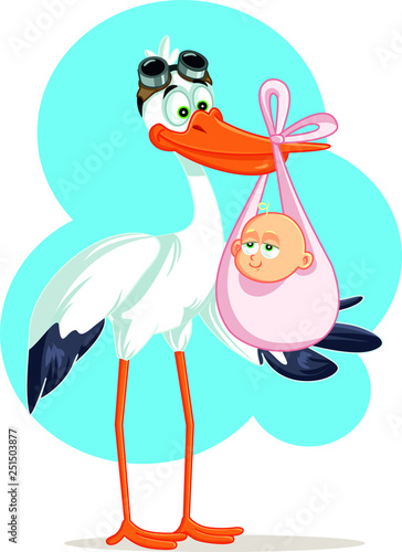 Stork Carrying a Cute Baby  Girl in a Bag