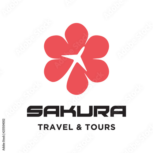 sakura flower with airplane travel and tours logo icon vector template