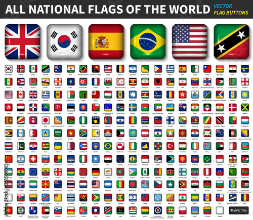 All national flags of the world . Shiny convex round angle square button design . Elements vector .