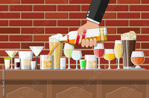 Alcohol drinks collection in glasses in bar. Vodka champagne wine whiskey beer brandy tequila cognac liquor vermouth gin rum absinthe sambuca cider bourbon. Vector illustration in flat style.