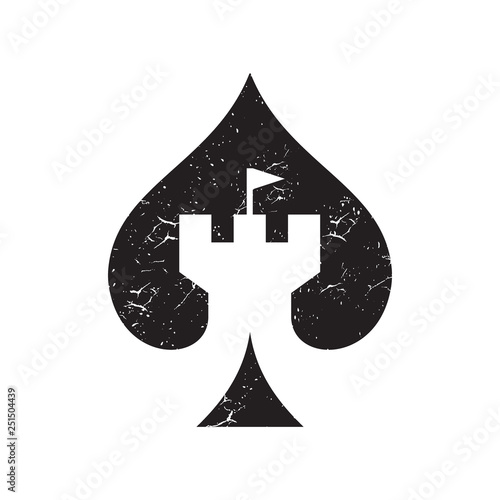 rustic grunge spade poker card with castle tower building logo icon vector template