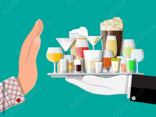 Alcohol abuse concept. Hand gives tray of alcohol to other hand. Stop alcoholism. Rejection. Vector illustration in flat style.