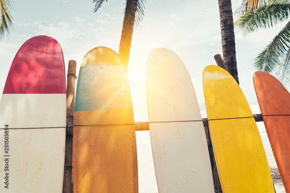 Surfboard and palm tree on beach background. Stock Photo | Adobe Stock