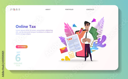 Online tax payment. People filling tax form. Flat isometric concept of online bill payment, shopping, banking, accounting Can use for template, landing page, ui, web, mobile app, poster, banner, flyer