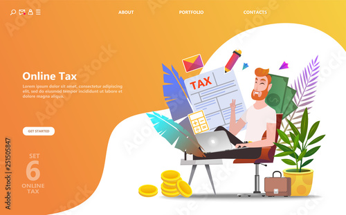 Online tax payment. People filling tax form. Flat isometric concept of online bill payment, shopping, banking, accounting Can use for template, landing page, ui, web, mobile app, poster, banner, flyer