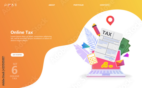 Online tax payment. People filling tax form. Flat isometric concept of online bill payment, shopping, banking, accounting Can use for template, landing page, ui, web, mobile app, poster, banner, flyer