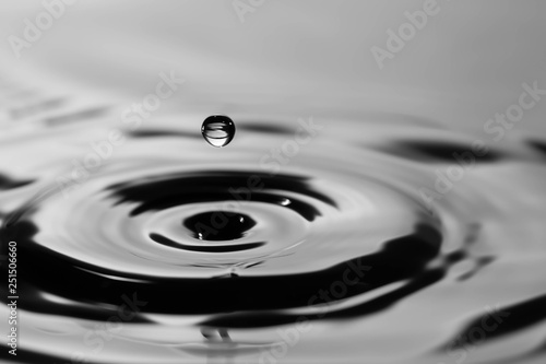 Closeup water drop falling and dripping from the top to the surface of pure water. Water drop splash and make beautiful circles and ripple on water surface with black and white color.