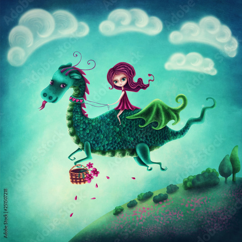 Fototapeta Flying dragon and a girl