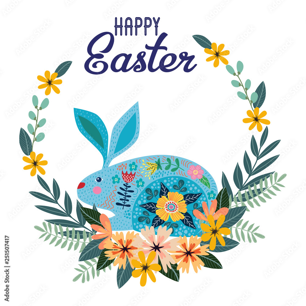 Happy Easter. Cartoon cute folk rabbit with wreath of flowers with text. Vector
